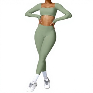 <b>Pink</b> 2-Piece Yoga Set Square Neck Long Sleeve Crop Top High Waist <b>Leggings</b> Seamless Activewear Full Length Solid Color - Product Image 6