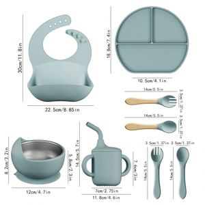 Ensemble d'alimentation pour bébé en silicone 8 en 1, bavoir et vaisselle sans BPA pour les repas des enfants, comprend un bol pour bébé, un ensemble d'alimentation pour bébé - Product Image 2