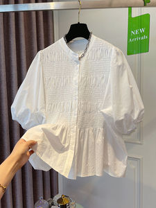 热卖夏季百褶设计宽松超仙女白色圆领短袖女式衬衫 - Product Image 2