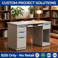 Escritorio de Oficina Metálico Creativo con Cajones con Tiradores Azules y Estante Lateral Abierto, Mesa de Computadora de Acero para Personal Escolar