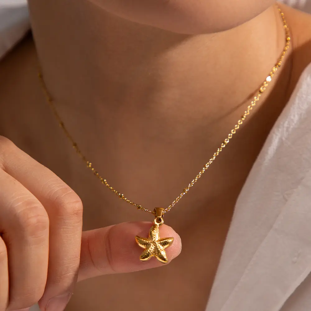 New Style Jewelry Ocean Series 18K Gold Plated Stainless Steel Necklaces Starfish Chunky Pendant Necklace for Girls