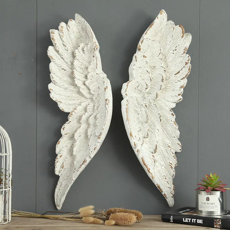 INNOVA home decoration living room craft antique vintage white polyresin resin angel wings wall hanging decor art