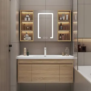 Nordic Log Wall Mounted Bathroom Vanity Cabinet with Sink Bathroom Cabinet Furniture with LED Light Mirror