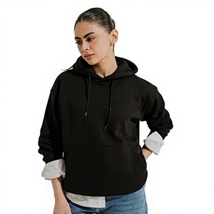 <b>Women</b> Oversized Hooded Sweatshirt Solid Color <b>Black</b> Cotton Knitted Breathable Autumn Wear Full Sleeve Regular Fit - Product Image 2
