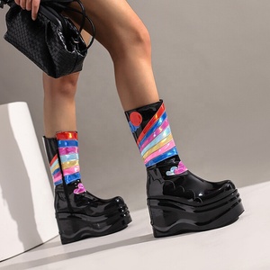 Color Print Fashion Side Zip Short Round Toe Thick Heel Shoes Wedges Women Half Knee High <b>Boots</b> Black Size 44 - Product Image 3