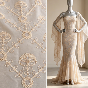 Tissu en crêpe de polyester à haute torsion avec motifs floraux en losanges répétés, combiné à des paillettes et des broderies en cordon - Product Image 1