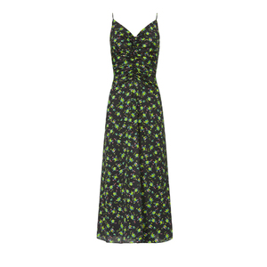 Abito Midi da Donna con Spalline Sottili in Chiffon Nero Verde Stampa Floreale, Arricciato Davanti, Vestibilità Regolare, Stile Dolce Casual Estivo, Vita Alta - Product Image 1
