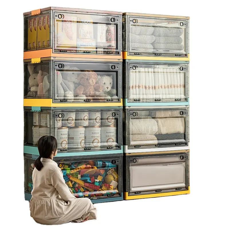 Caixa organizadora de plástico grande para crianças, recipiente empilhável para armazenamento de brinquedos, caixa com lábios, organizador de roupas dobrável M