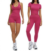 Ensemble de 5 pièces de vêtements de sport pour femmes : T-shirts de fitness, yoga, gym, course à pied et leggings taille haute push-up