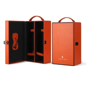 Großhandel Custom Logo Hochwertige Orange Claret Pu Leder 2 Flaschen Rotwein Geschenk box Verpackung mit Wein zubehör