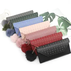 Fashionable new ladies wallet purse rivet pure color hair ball purse hand bag women long card wallet for wom 2020