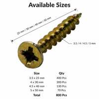 Assortiment de 800 vis à bois YZP jaunes zinguées pour panneaux de particules, kit de vis à bois avec boîte de rangement en plastique, service personnalisé disponible