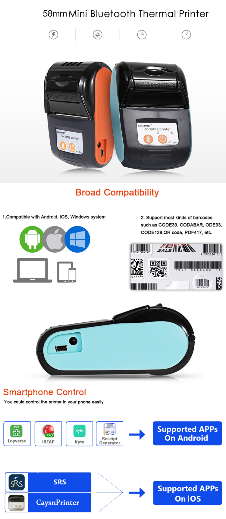 Good Quality Portable Blue Tooth Printer Goojprt PT-210 58mm Mini Thermal Receipt Printer with Leather Case Optional