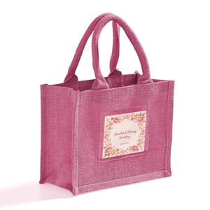 Sacs fourre-tout en jute personnalisés en gros avec étiquette insérée, poignée rose, logo imprimé, écologiques, pour extérieur - Product Image 3