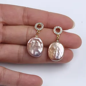 Pendientes de perlas de moneda de agua dulce chapados en oro de 14K, joyería al por mayor