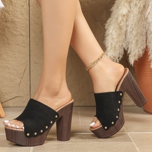 Sandales à talons pour femmes, bout ouvert, talon épais, plateforme antidérapante, couleur unie avec pierres, pour l'extérieur - Product Image 4