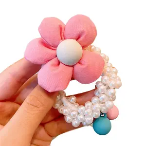 Trendy craft Children's cute pearl hair tie girl rubber hair band Korean pink ring headdress