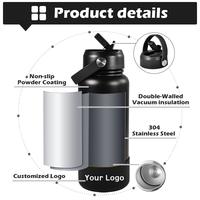 Bouteille d'eau isotherme en acier inoxydable à double paroi avec logo personnalisé, 18 oz et 32 oz, pour voyage, sport et gym, avec paille et couvercle rabattable, maintien au chaud/froid 12-24h