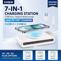 Chargeur sans fil magnétique 6 ports USB-C/USB-A, charge rapide 45W PD3.0 SCP Gan, câble rétractable 5V/3A, ignifuge, utilisation en voiture