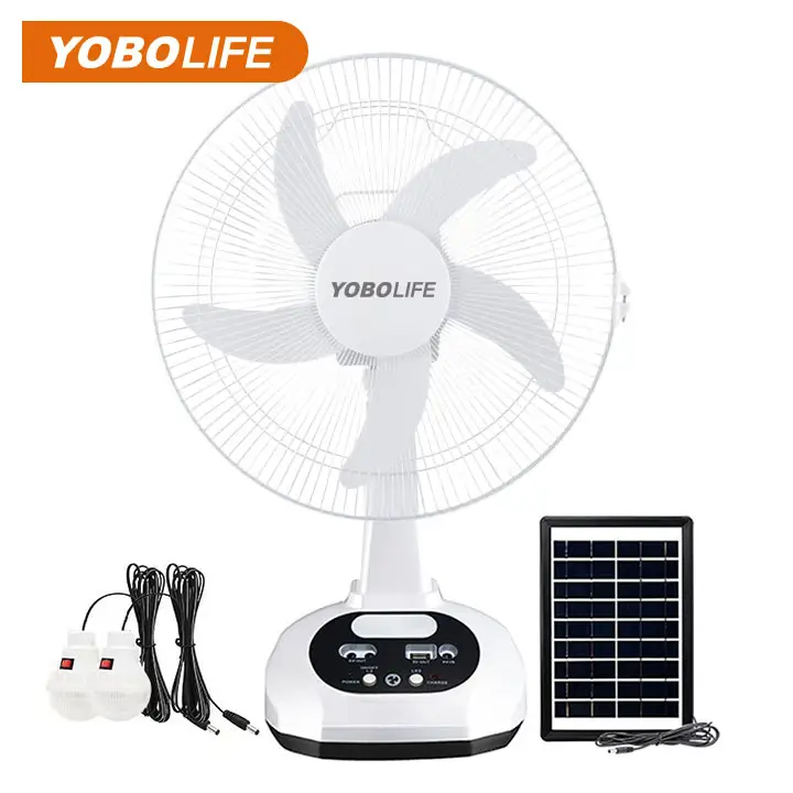 AC 12v DC Rechargeable 14 Pouces Ventilateur De Table D'alimentation De Charge Solaire Avec Panneau Solaire Et Ampoule Led Lumières Ports USB Pour La Maison En Plein Air