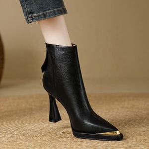 Women's <strong>Black</strong> Leather <strong>Ankle</strong> Boots Pointed Toe Block Heel <strong>Gold</strong> Decor Side Zipper Fashion <strong>Booties</strong> for Office Party Wear - Product Image 1