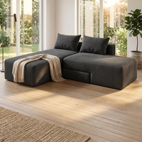 Canapé modulaire sectionnel en velours côtelé, en forme de L, trois places, réversible, convertible en chaise longue, avec dossier coussin et design sans accoudoirs