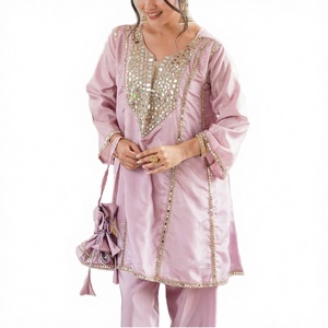 Antra Lifestyle Pink Silk Salwar Kameez Co-ord Set Mirror Work Lace Quick Dry Short <b>Kurti</b> Trouser Regular Fit Modern Indian - Product Image 3