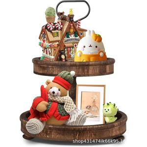 Plateau à gâteau simple en bois à double étage, présentoir à fruits rond, support à desserts, support de rangement pour collations du goûter - Product Image 1