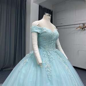 Robe de Quinceañera de maternité bleu clair Lsany287 avec appliques en dentelle, tulle à paillettes argentées, robe de bal, corsage en cœur et ourlet festonné - Product Image 6