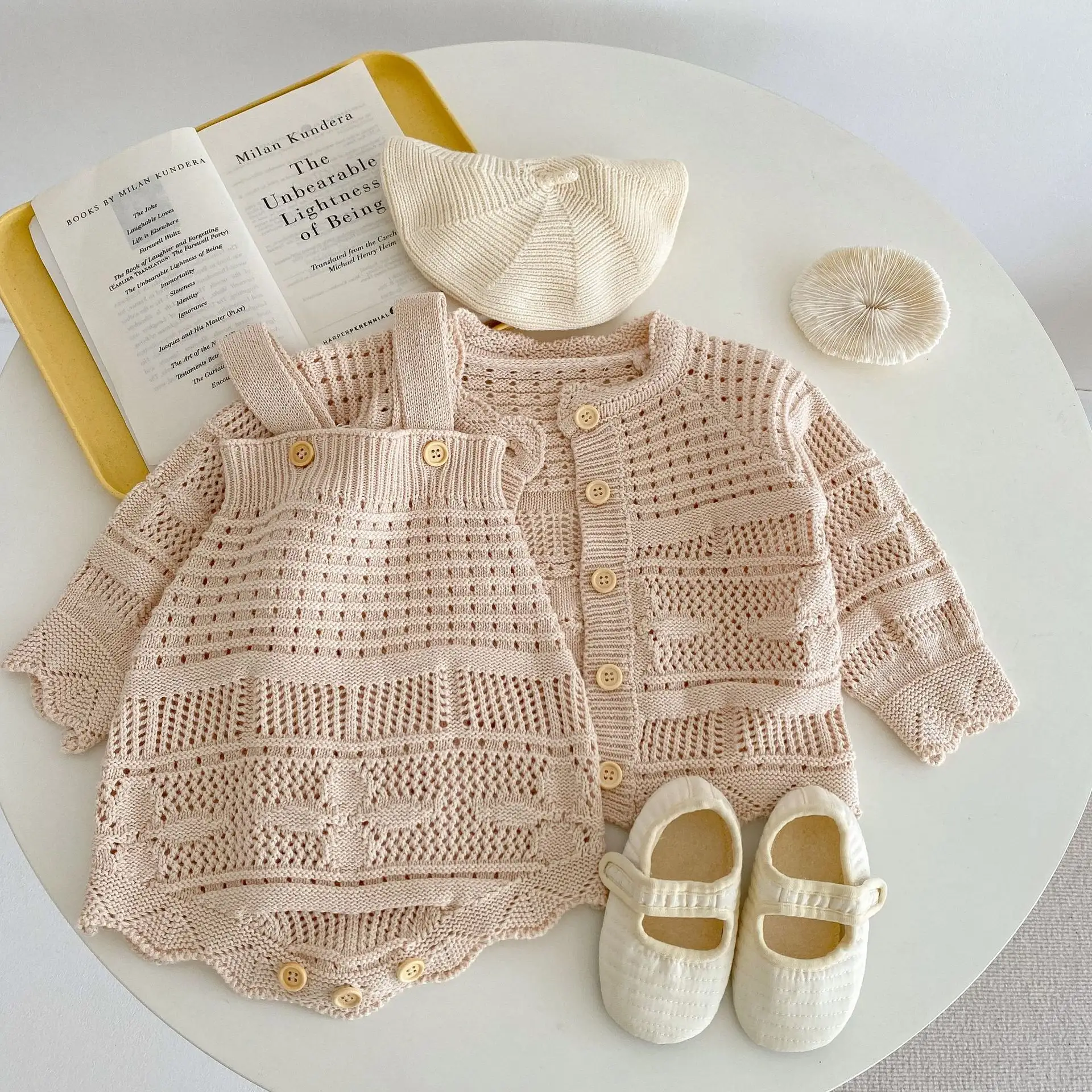 RTS Engepapa Spring Knitted Clothing Sets Infant Girls Long-Sleeved Jacket Newborn Floral Solid Color Romper Wholesale