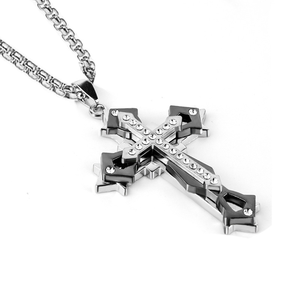Iced Out Herren-Kreuzkette Punk Gothic Mehrschichtiger Strass-Anhänger Edelstahlkette Hip Hop Biker Schmuck Geschenk - Product Image 3