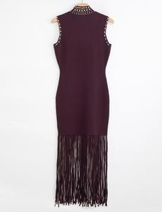 Abito Lungo Estivo da Donna di Alta Qualità, <span class=keywords><strong>Senza</strong></span> <span class=keywords><strong>Maniche</strong></span>, Collo Alto, Lavorato a Maglia, Aderente, con Spacco e Frange, Tinta Unita - Product Image 3