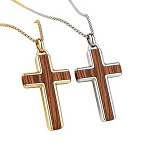 Collier en bois naturel et acier inoxydable pour hommes, lot de 2, pendentif or et argent, bijoux religieux, vente en gros - Product Image 1