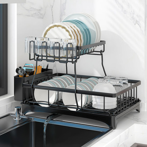2 tier steel rust-proof dish rack metal dish drainer drying plate rack for kitchen cabinet