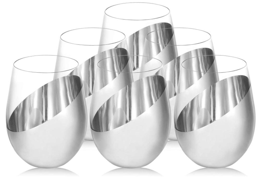 Tilted Silver Tone Metallic Stemless Wine Glasses, Beverage Drinkware Tumbler Cups, Set of 6
