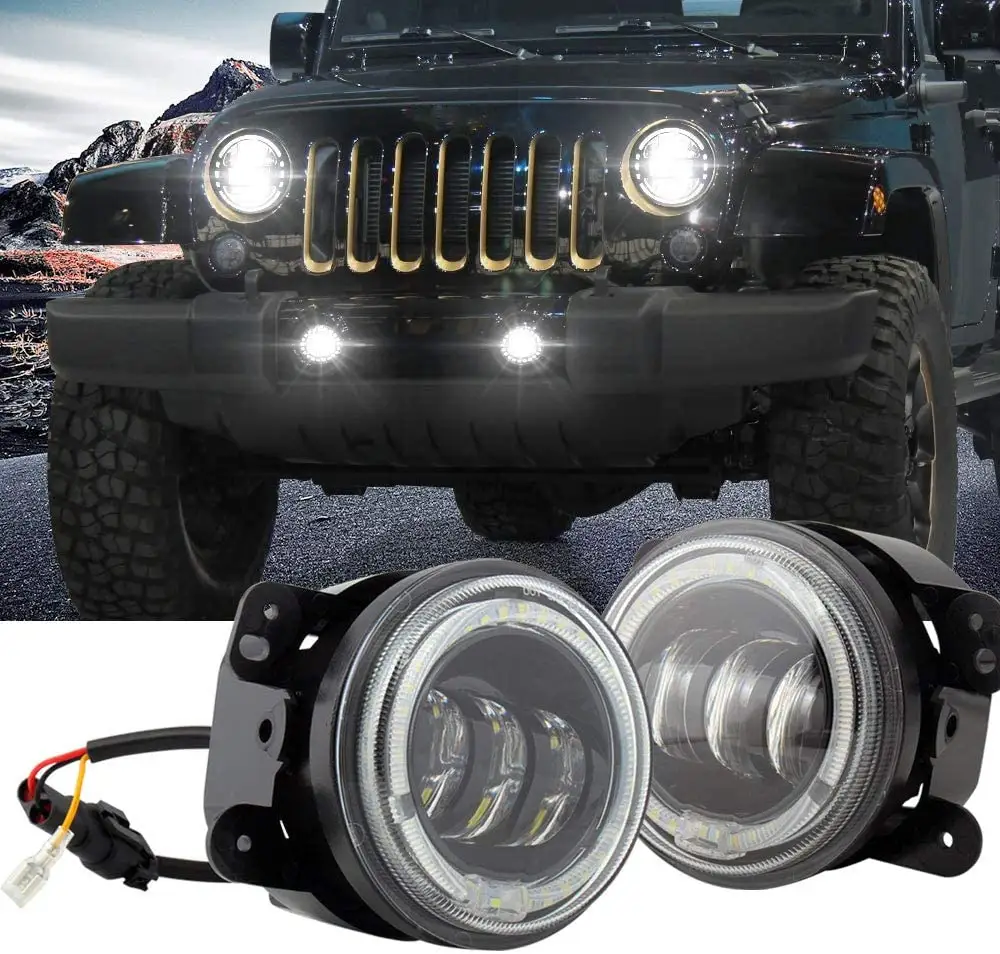 NEWWIND-luces LED antiniebla de 4 pulgadas con anillo de Halo blanco DRL para Jeep Wrangle-r Unlimited JK, luz de conducción todoterreno, 2007-2018