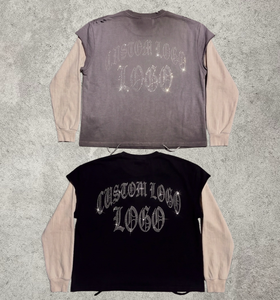 Camiseta Personalizada con Estampado DTG Vintage y Pedrería, Estilo Urbano, de Manga Larga 2 en 1, Lavado Ácido, para <span class=keywords><strong>Hombre</strong></span> - Product Image 3