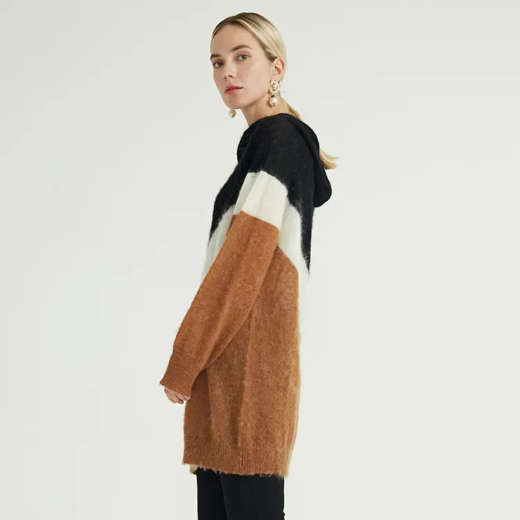 Custom Luxury Winter Wool Mohair Blend Women's Knit Sweater With Hood Striped Long Sleeve Knitwear For Woman