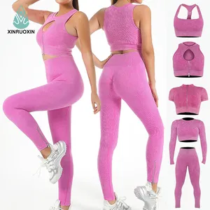 Fashion seksi tanpa kelim Set Yoga ritsleting Gym Bra Yoga pakaian olahraga 6 potong Ribbed Set Yoga pakaian Gym Set untuk wanita