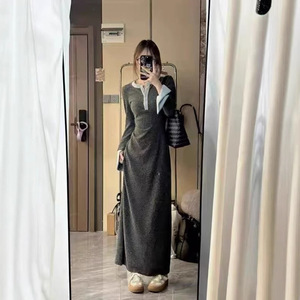High Waisted Gray Long Sleeve Sweater Dress Round Neck A Line Contrast Color Solid Pattern Autumn Winter Women's Dress - Product Image 4