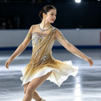 Robe de patinage artistique dégradé champagne avec strass et maille, manches longues, pour enfants et adultes, tenue de performance pour compétition sur glace