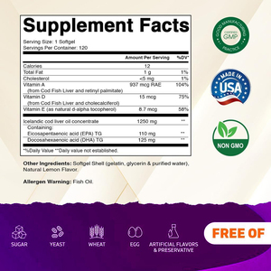 Aceite de hígado de bacalao de ALTA CALIDAD y vitaminas en cápsulas blandas. Apoya la salud del corazón, cerebro, huesos, dientes y ojos, y fortalece el sistema inmunológico. - Product Image 2