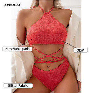 <span class=keywords><strong>Maillot</strong></span> <span class=keywords><strong>de</strong></span> <span class=keywords><strong>bain</strong></span> une pièce pour femme, style bikini halter à paillettes avec lacets croisés à la taille, personnalisable, marque privée - Product Image 1