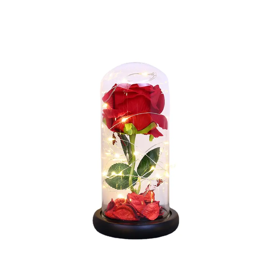 Hochwertige künstliche Valentinstag geschenke 24K Golden Rose in Glaskuppel Dekorative Blumen Rose Led Lampe