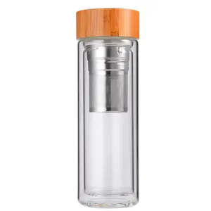 400ml Bamboo Lid Thermos Tea Tumbler Double Wall High Borosilicate Glass Tea Bottle With Stainless Steel Infuser