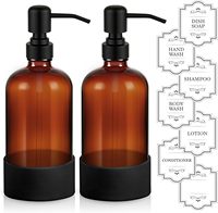 Distributeur de savon rechargeable en verre ambré de 16 oz, flacon pompe pour savon à vaisselle, distributeurs avec pompe en acier inoxydable et manchons en silicone