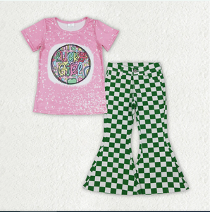 Conjunto de Ropa para Niñas GSPO2288, Top Rosa con Estampado de Trébol, Jeans de Mezclilla Verdes a Cuadros, Ropa para el Día de San Patricio - Product Image 1