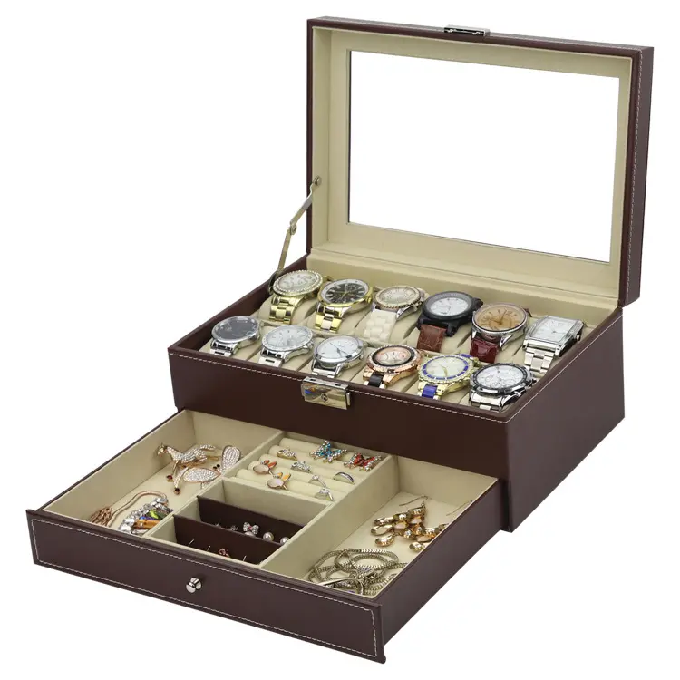 Vente en gros fabricants spot boîte de montre double couche en cuir PU noir 12 grilles montre boîte de présentation de bijoux boîte de rangement de bijoux