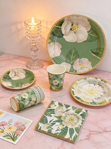 DAMAI Tea Party <b>Tableware</b> Set Green Flower Themed <b>Disposable</b> Plate Paper Cups Napkins for 8 Guests of Spring Party Decorations - Product Image 2