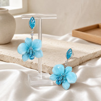 Anting Bunga Enamel Biru Lukis Tangan dengan Zirkon Aquamarine untuk Wanita, Perhiasan Floral untuk Pesta